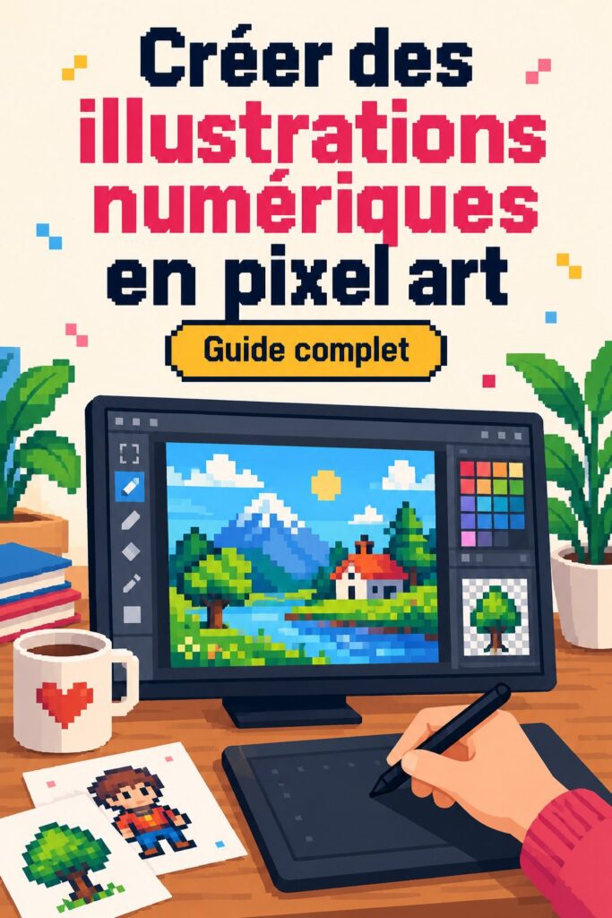 Illustration numérique en pixel art coloré représentant des personnages et des éléments créatifs