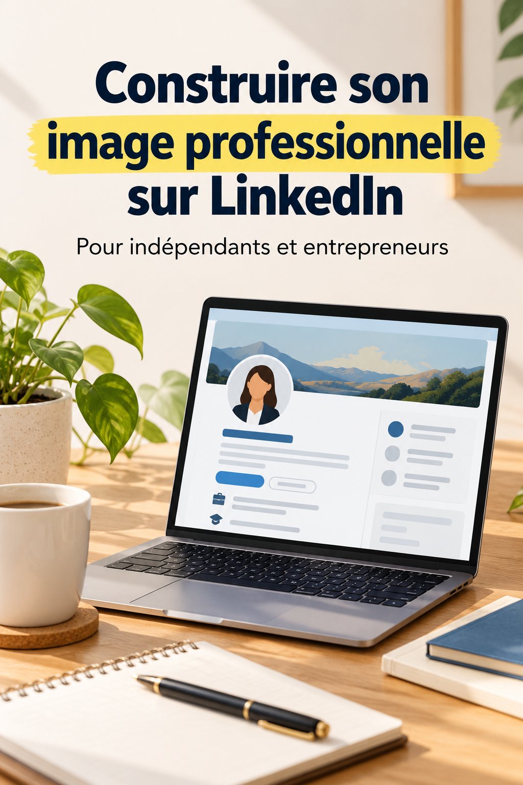 Femme d'affaires travaillant sur son profil LinkedIn avec une ambiance chaleureuse.