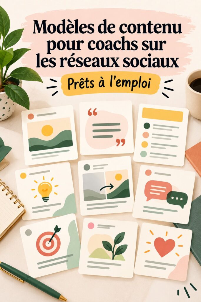 Un ordinateur avec des modèles de contenu pour coachs sur un fond lumineux.