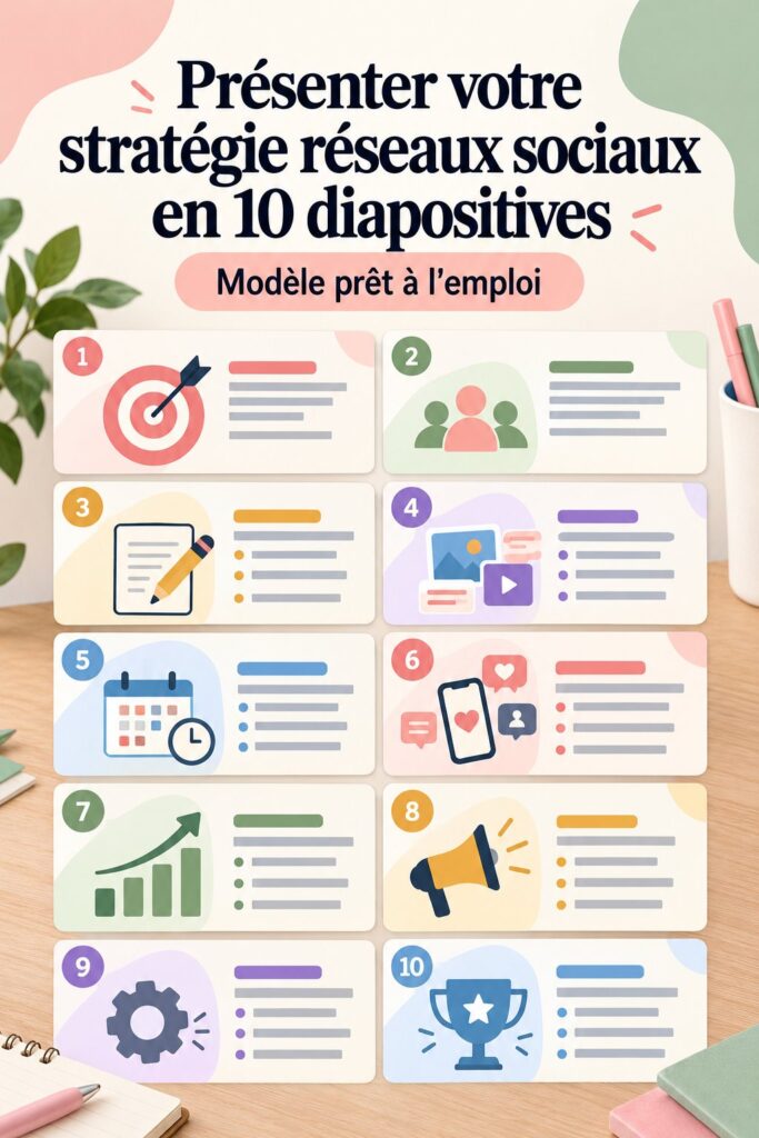 Modèle de présentation Canva pour stratégie réseaux sociaux avec 10 diapositives