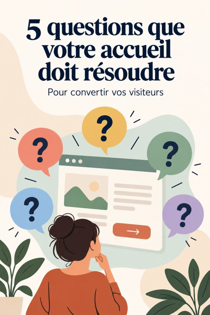 Une illustration d'une femme d'affaires analysant la page d'accueil de son site web pour optimiser son contenu marketing.
